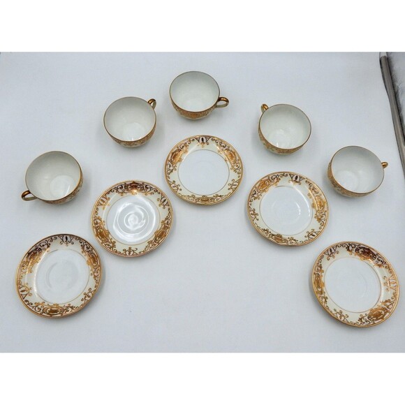 Noritake 175 Christmas Ball Coffee Cup Saucer 5 Sets 16034 White Gold Handpaint
